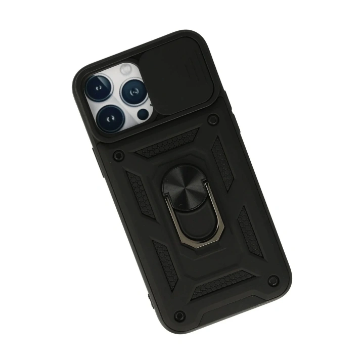 Mey İthalat®  iPhone 13 Pro Max Kılıf Pars Lens Yüzüklü Silikon - Siyah