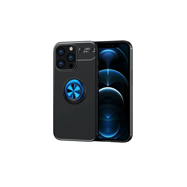 Mey İthalat®  iPhone 13 Pro Max Kılıf Range Yüzüklü Silikon - Siyah-Mavi