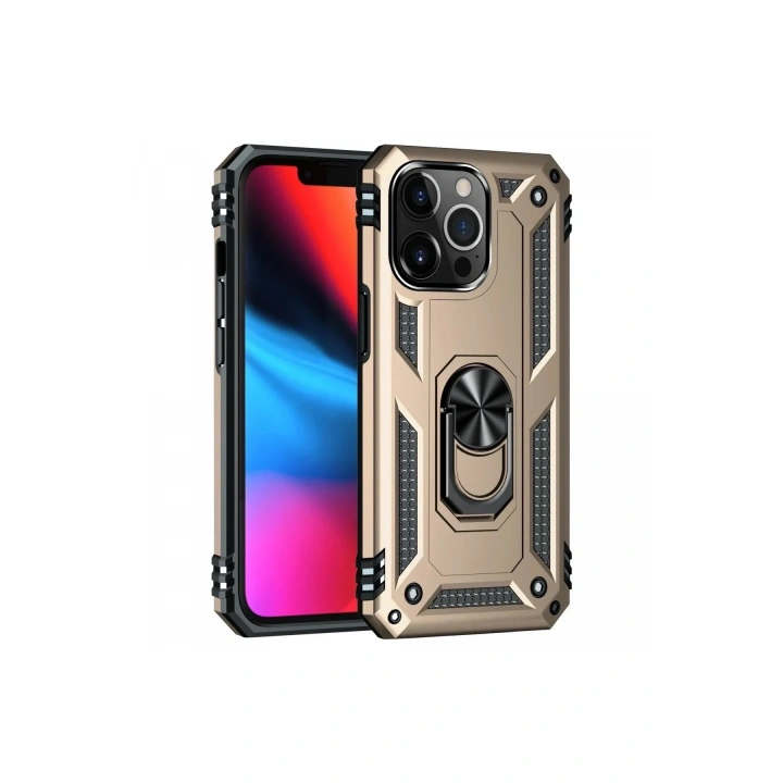Mey İthalat®  iPhone 13 Pro Max Kılıf Sofya Yüzüklü Silikon Kapak - Gold