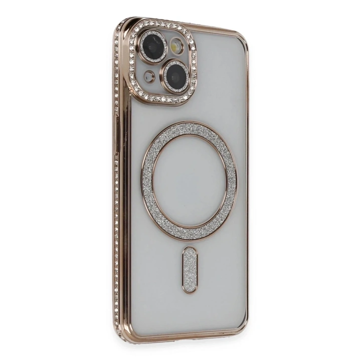 Mey İthalat®  iPhone 14 Kılıf Joke Simli Magneticsafe Kılıf - Gold