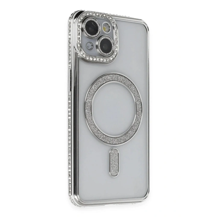Mey İthalat®  iPhone 14 Kılıf Joke Simli Magneticsafe Kılıf - Gümüş