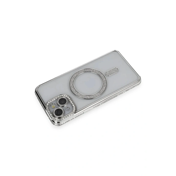 Mey İthalat®  iPhone 14 Kılıf Joke Simli Magneticsafe Kılıf - Gümüş