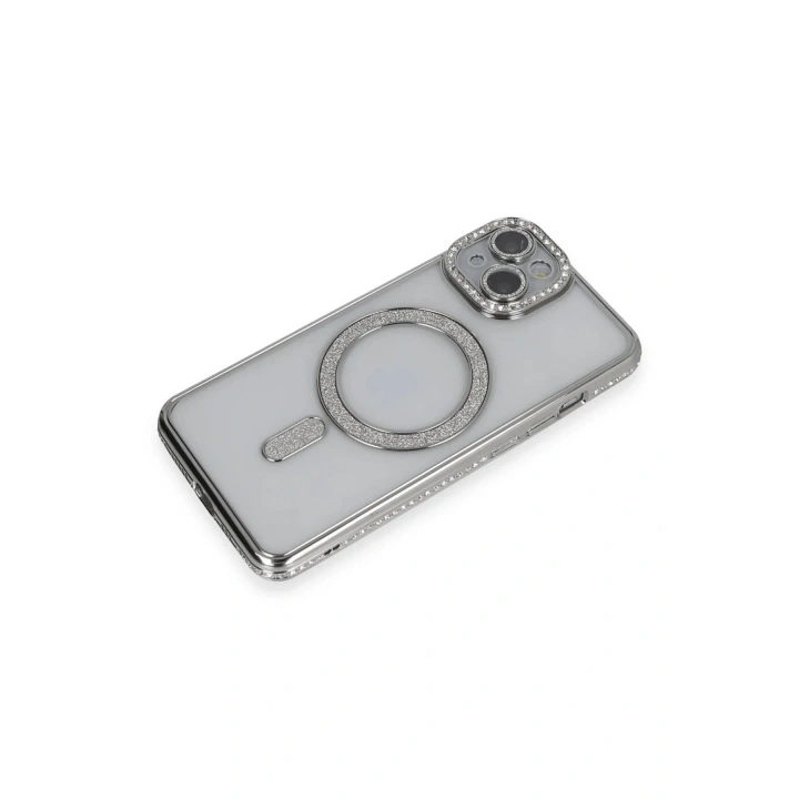 Mey İthalat®  iPhone 14 Kılıf Joke Simli Magneticsafe Kılıf - Gümüş