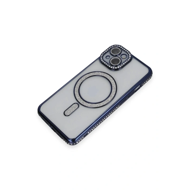Mey İthalat®  iPhone 14 Kılıf Joke Simli Magneticsafe Kılıf - Lacivert