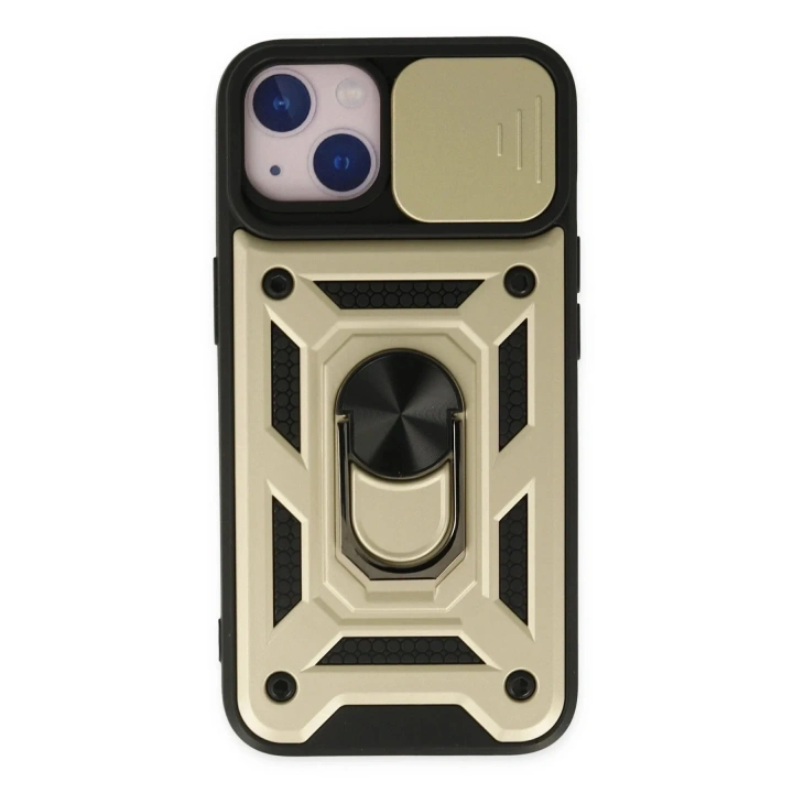 Mey İthalat®  iPhone 14 Kılıf Pars Lens Yüzüklü Silikon - Gold