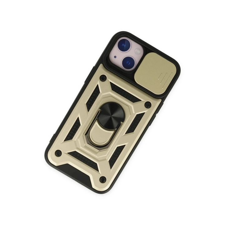 Mey İthalat®  iPhone 14 Kılıf Pars Lens Yüzüklü Silikon - Gold