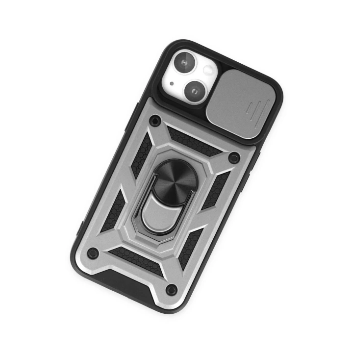 Mey İthalat®   iPhone 14 Kılıf Pars Lens Yüzüklü Silikon - Gümüş