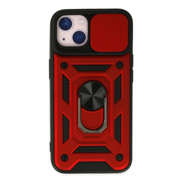 Mey İthalat®  iPhone 14 Kılıf Pars Lens Yüzüklü Silikon - Kırmızı