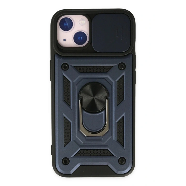 Mey İthalat®  iPhone 14 Kılıf Pars Lens Yüzüklü Silikon - Lacivert