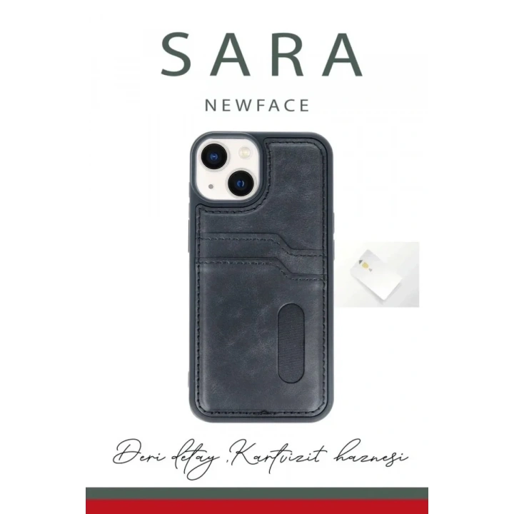 Mey İthalat®  iPhone 14 Kılıf Sara Kartvizitli Deri Kılıf - Siyah