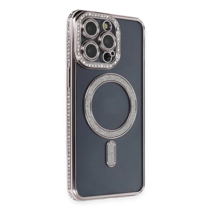 Mey İthalat®  iPhone 14 Pro Kılıf Joke Simli Magneticsafe Kılıf - Gri