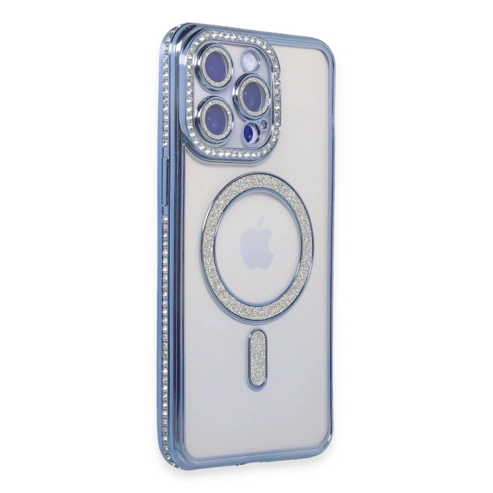 Mey İthalat®  iPhone 14 Pro Kılıf Joke Simli Magneticsafe Kılıf - Mavi