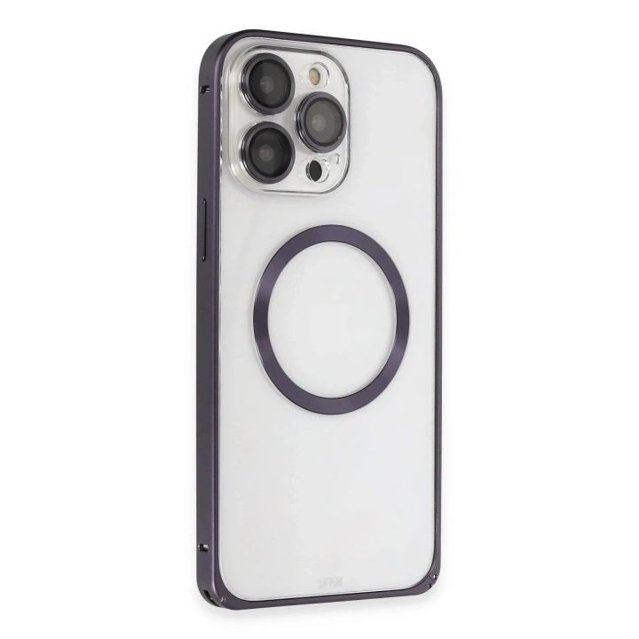 Mey İthalat®  iPhone 14 Pro Kılıf Metal Bumper Magneticsafe Kapak - Derin Mor