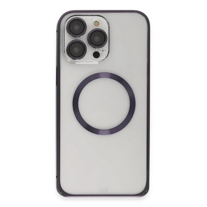 Mey İthalat®  iPhone 14 Pro Kılıf Metal Bumper Magneticsafe Kapak - Derin Mor