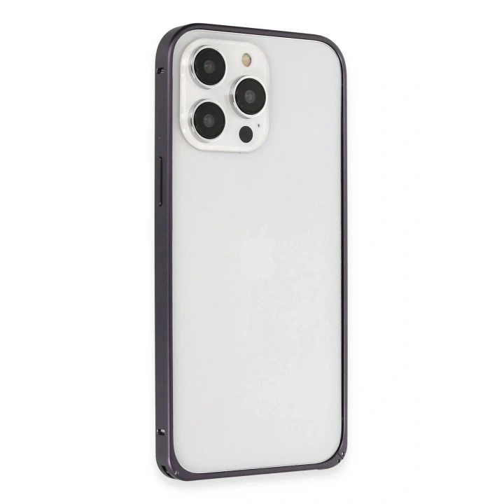 Mey İthalat®  iPhone 14 Pro Kılıf Metal Bumper Magneticsafe Kapak - Derin Mor