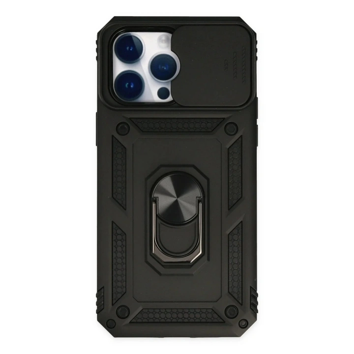 Mey İthalat®  iPhone 14 Pro Kılıf Pars Lens Yüzüklü Silikon - Siyah