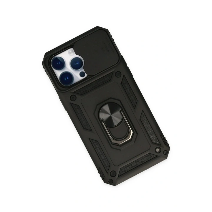 Mey İthalat®  iPhone 14 Pro Kılıf Pars Lens Yüzüklü Silikon - Siyah