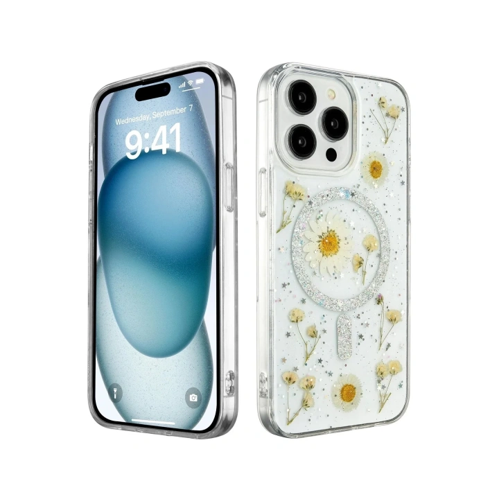 Mey İthalat®  iPhone 14 Pro Max Kılıf Daisy Simli Magsafe Kapak - Gümüş