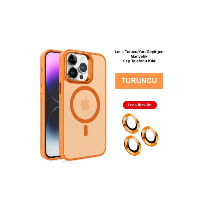 Mey İthalat®  iPhone 14 Pro Max Kılıf Flet Lens Magsafe Kapak - Turuncu