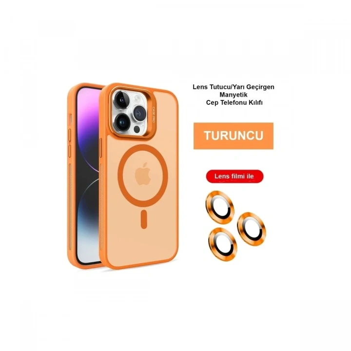 Mey İthalat®  iPhone 14 Pro Max Kılıf Flet Lens Magsafe Kapak - Turuncu