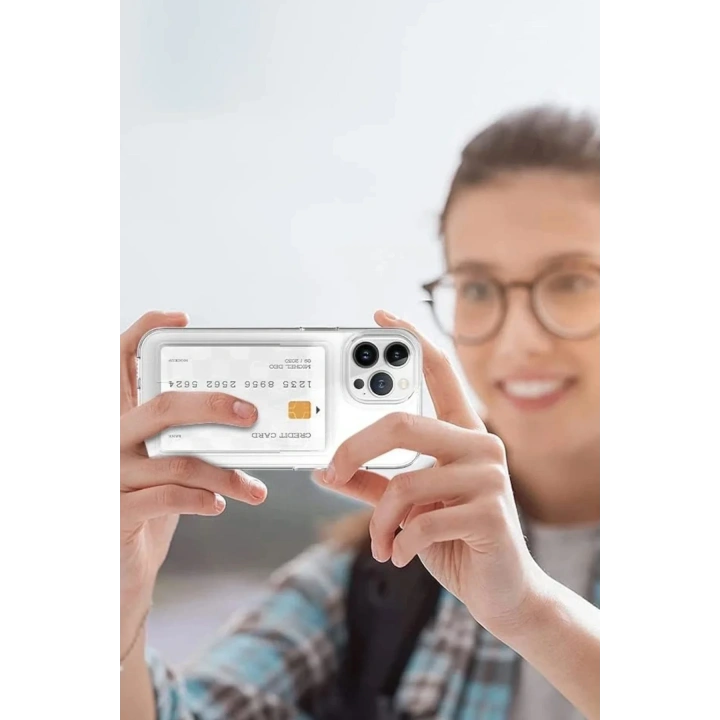 Mey İthalat®  iPhone 14 Pro Max Kılıf Kart Şeffaf Silikon - Şeffaf