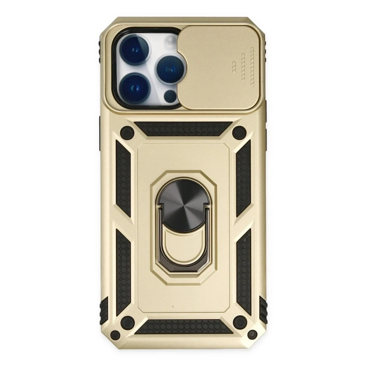 Mey İthalat®  iPhone 14 Pro Max Kılıf Pars Lens Yüzüklü Silikon - Gold