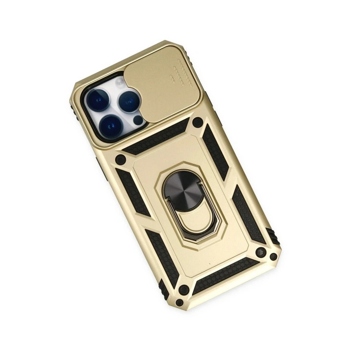 Mey İthalat®  iPhone 14 Pro Max Kılıf Pars Lens Yüzüklü Silikon - Gold