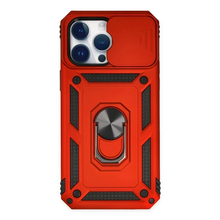 Mey İthalat®  iPhone 14 Pro Max Kılıf Pars Lens Yüzüklü Silikon - Kırmızı