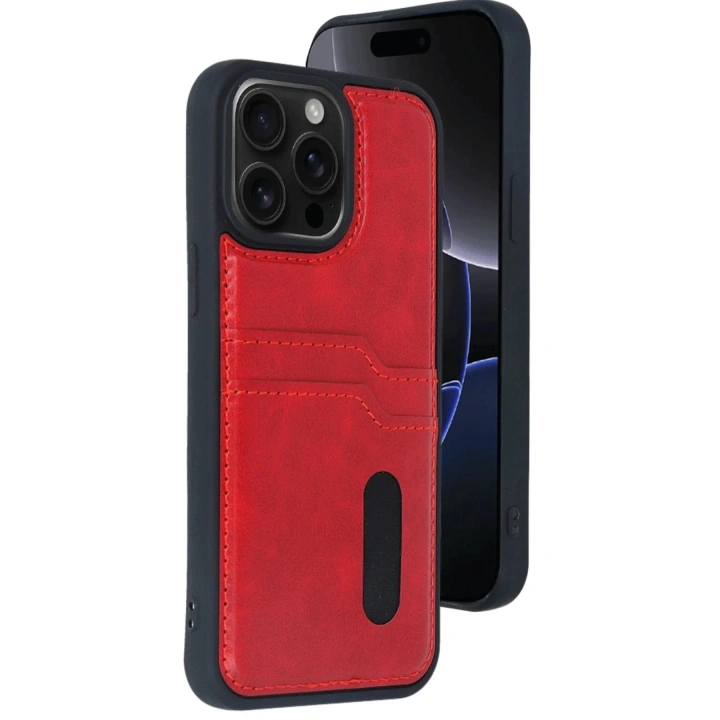 Mey İthalat®  iPhone 14 Pro Max Kılıf Sara Kartvizitli Deri Kılıf - Kırmızı