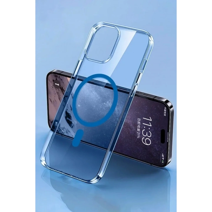 Mey İthalat®  iPhone 14 Pro Max Kılıf Tron Şeffaf Magsafe Kapak - Mavi