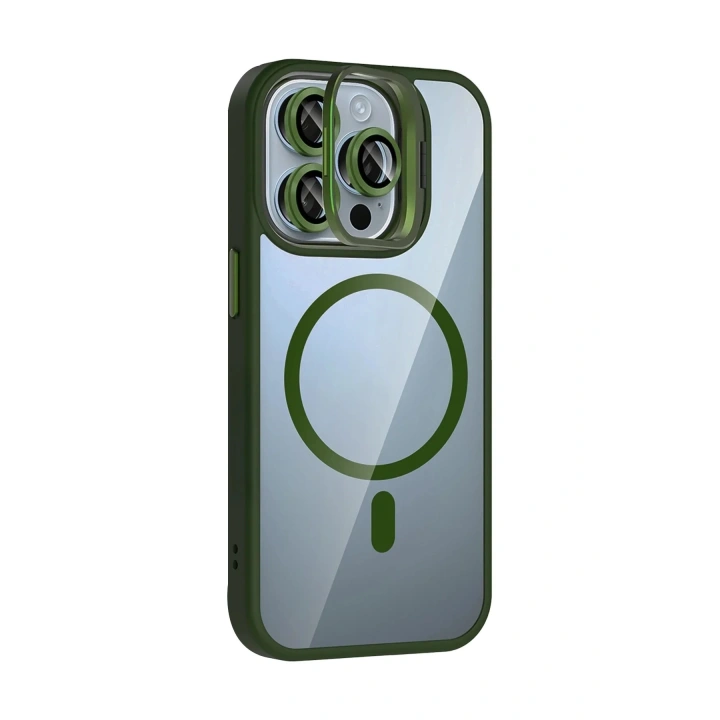 Mey İthalat®   iPhone 14 Pro Max Remim Lensli Magsafe Standlı Kapak - Koyu Yeşil