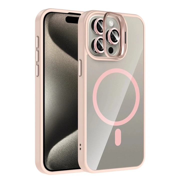 Mey İthalat®   iPhone 14 Pro Max Remim Lensli Magsafe Standlı Kapak - Pembe