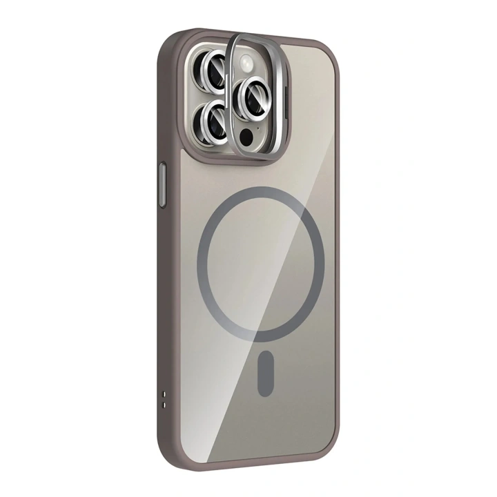 Mey İthalat®   iPhone 14 Pro Max Remim Lensli Magsafe Standlı Kapak - Titan Gri