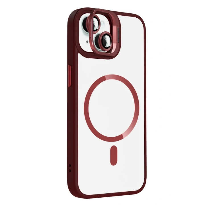 Mey İthalat®   iPhone 14 Remim Lensli Magsafe Standlı Kapak - Bordo