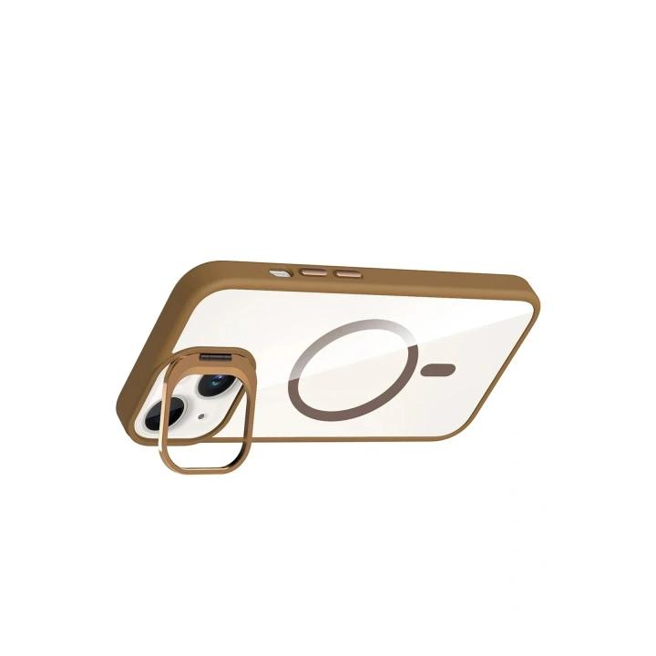 Mey İthalat®   iPhone 14 Remim Lensli Magsafe Standlı Kapak - Kahverengi
