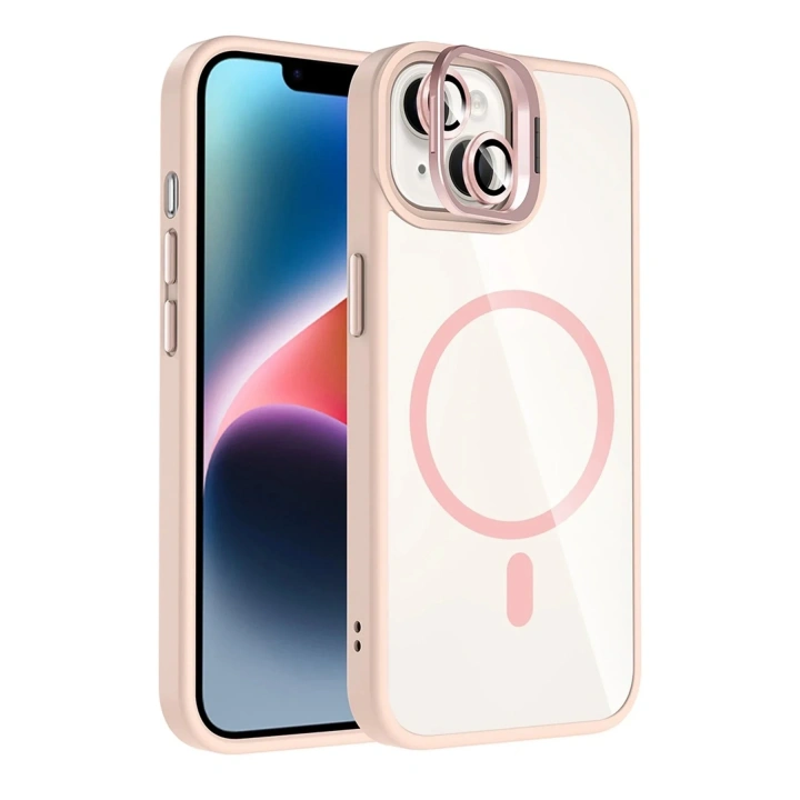 Mey İthalat®   iPhone 14 Remim Lensli Magsafe Standlı Kapak - Pembe