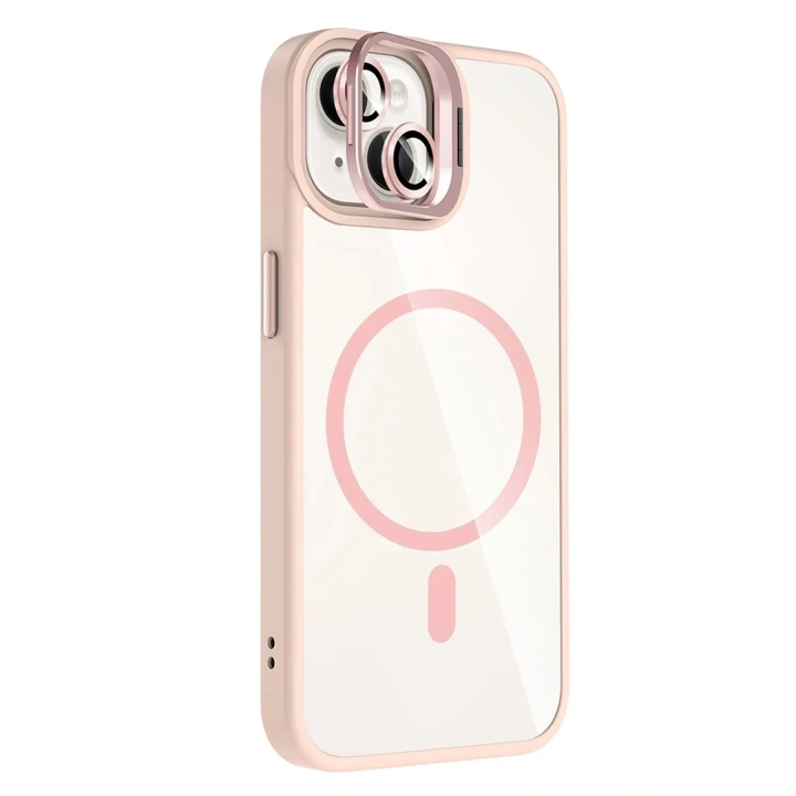 Mey İthalat®   iPhone 14 Remim Lensli Magsafe Standlı Kapak - Pembe