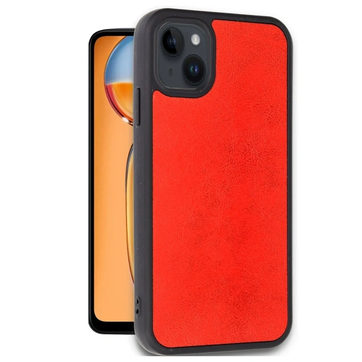 Mey İthalat®  iPhone 15 Kılıf Aras Deri Kapak - Kırmızı