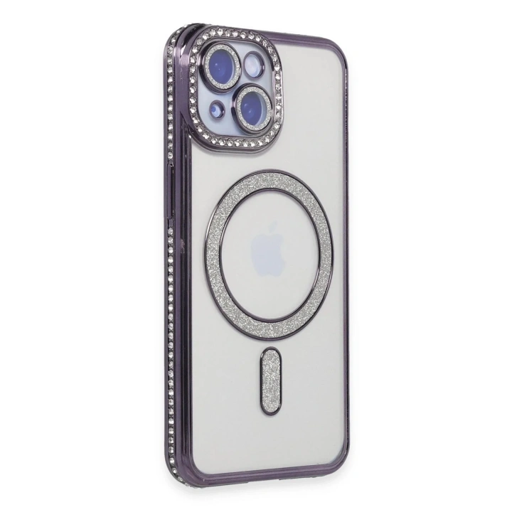 Mey İthalat®  iPhone 15 Kılıf Joke Simli Magneticsafe Kılıf - Derin Mor
