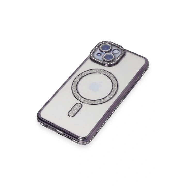 Mey İthalat®  iPhone 15 Kılıf Joke Simli Magneticsafe Kılıf - Derin Mor
