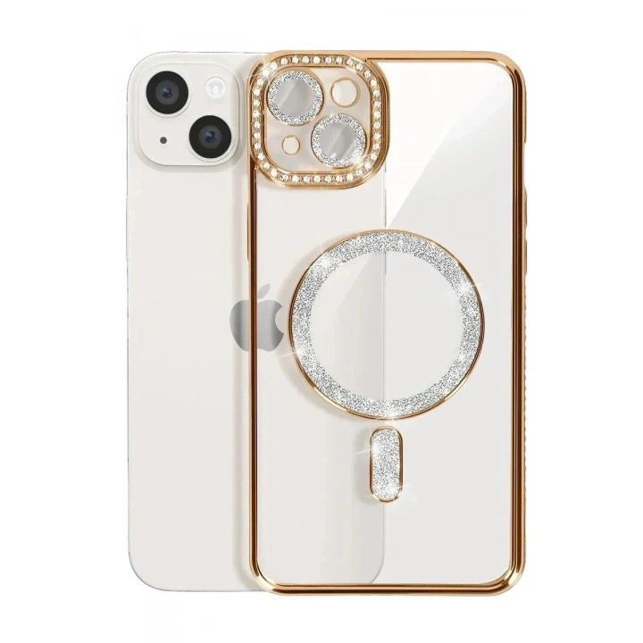 Mey İthalat®   iPhone 15 Kılıf Joke Simli Magneticsafe Kılıf - Gold