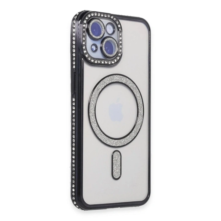 Mey İthalat®  iPhone 15 Kılıf Joke Simli Magneticsafe Kılıf - Siyah