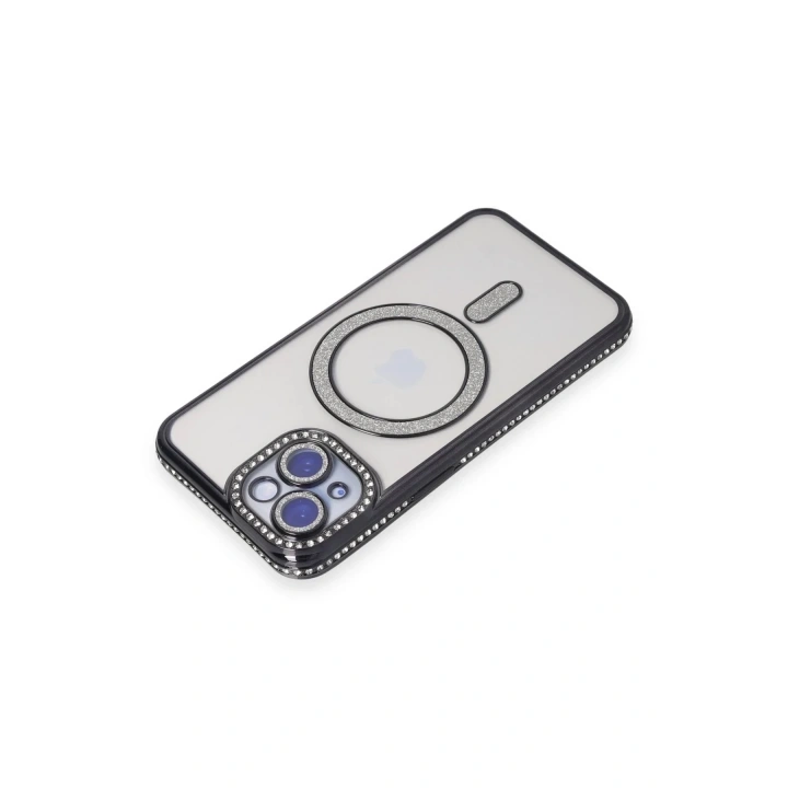 Mey İthalat®  iPhone 15 Kılıf Joke Simli Magneticsafe Kılıf - Siyah