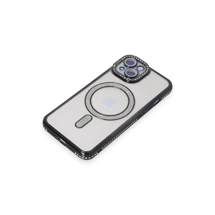 Mey İthalat®  iPhone 15 Kılıf Joke Simli Magneticsafe Kılıf - Siyah