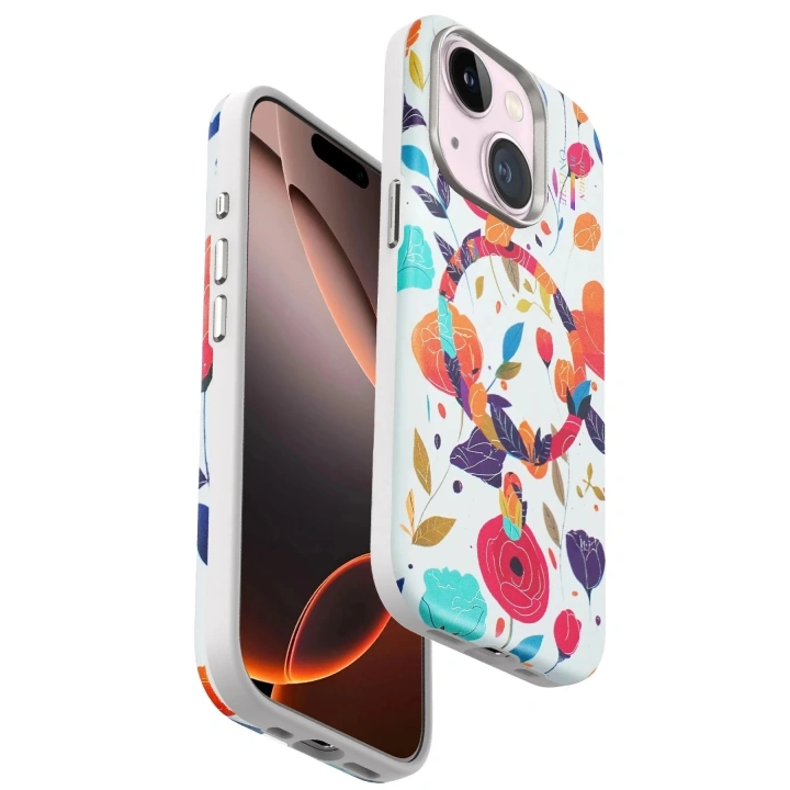 Mey İthalat®  iPhone 15 Plus Flower Series Magsafe Kapak - Beyaz