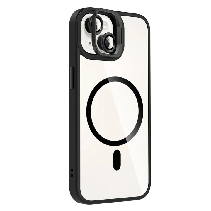 Mey İthalat®   iPhone 15 Plus Remim Lensli Magsafe Standlı Kapak - Siyah