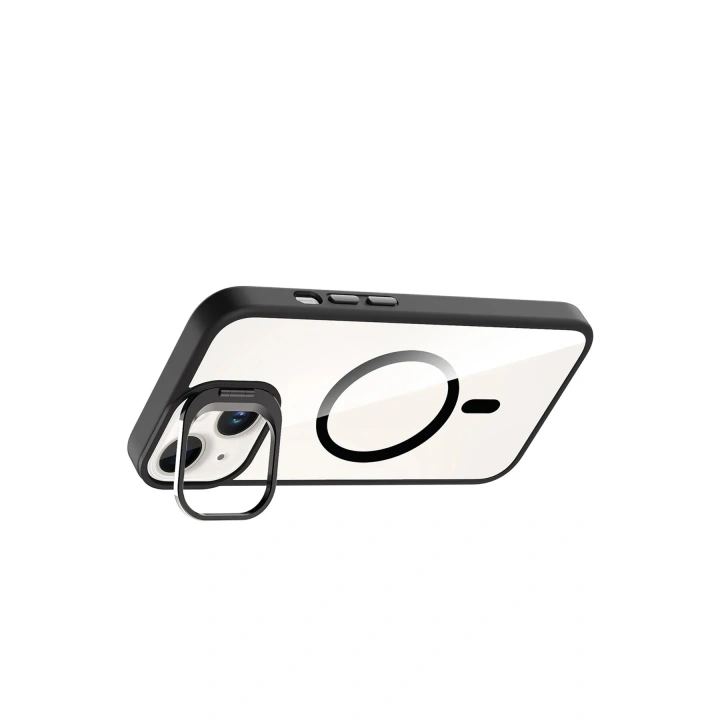 Mey İthalat®   iPhone 15 Plus Remim Lensli Magsafe Standlı Kapak - Siyah