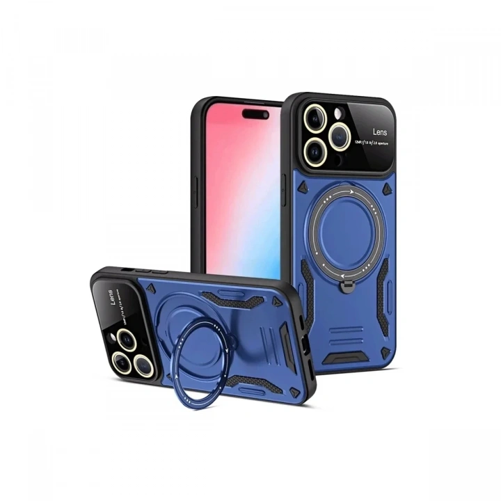 Mey İthalat®  iPhone 15 Pro Joy Lens Standlı Kapak - Lacivert