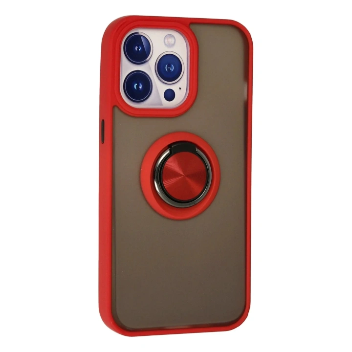 Mey İthalat®  iPhone 15 Pro Kılıf Montreal Yüzüklü Silikon Kapak - Kırmızı