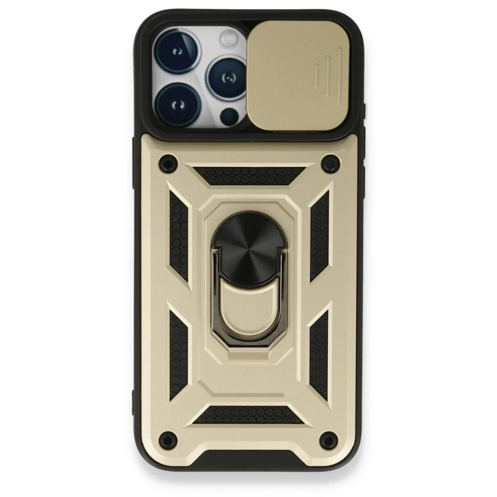 Mey İthalat®  iPhone 15 Pro Kılıf Pars Lens Yüzüklü Silikon - Gold